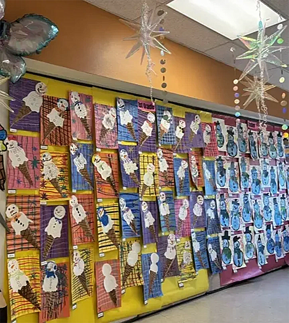 Student artwork depicting snowman ice cream cones